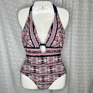 Kona Sol One‎ Piece Swimsuit Plunge Halter Floral Recycled Fabric Size L